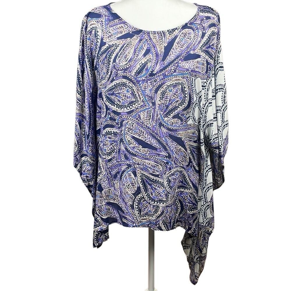 Chico's boho poncho top abstract feather paisley print asymmetrical hemline